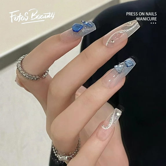 Fofosbeauty 24pcs Press on False Nails Tips, Coffin Fake Nails, Coffin Light Blue Gradient Pink Diamond