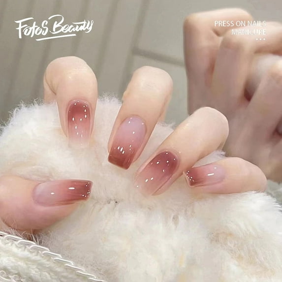 Fofosbeauty 24pcs Press on False Nails Tips, Coffin Fake Nails, Coffin Milk Coffee Gradient
