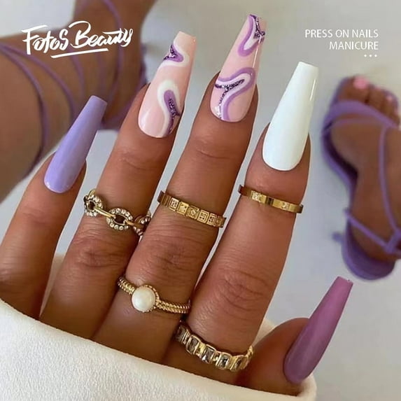 Fofosbeauty 24pcs Press on False Nails Tips, Coffin Fake Nails, Coffin Purple Ripple Shiny Ribbon