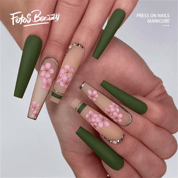 Fofosbeauty 24pcs Press on False Nails Tips, Coffin Fake Nails, Elegant Flower in Green