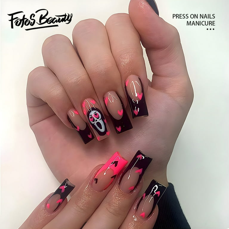 Pink with Black Heart False Nails Extra Long Coffin Artificial Press on  Nails