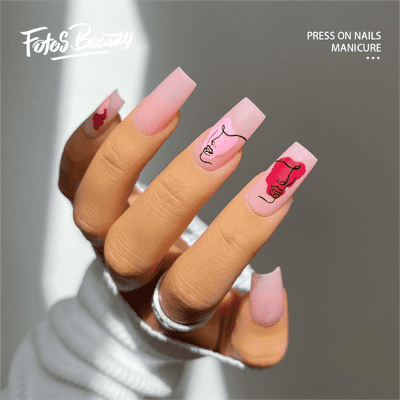 Fofosbeauty 24pcs Press on False Nails Tips, Coffin Fake Nails, Rosy Lady