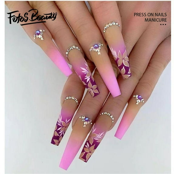 Fofosbeauty 24pcs Press on Nails, 2024 Fake Nails Long Coffin Tips Design,Sakura Matte with Diamonds