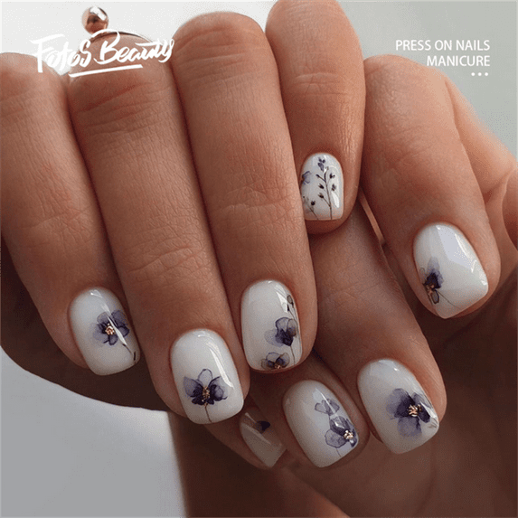 Fofosbeauty 24pcs Press on False Nails Tips, Coffin Fake Nails, Square Chinese Print Purple