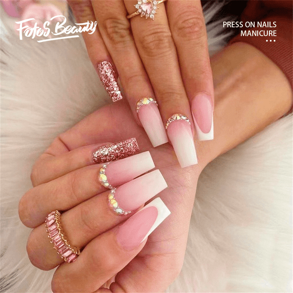 Fofosbeauty 24pcs Press on False Nails Tips, Coffin Fake Nails, White Rhinestones Pink Glitter