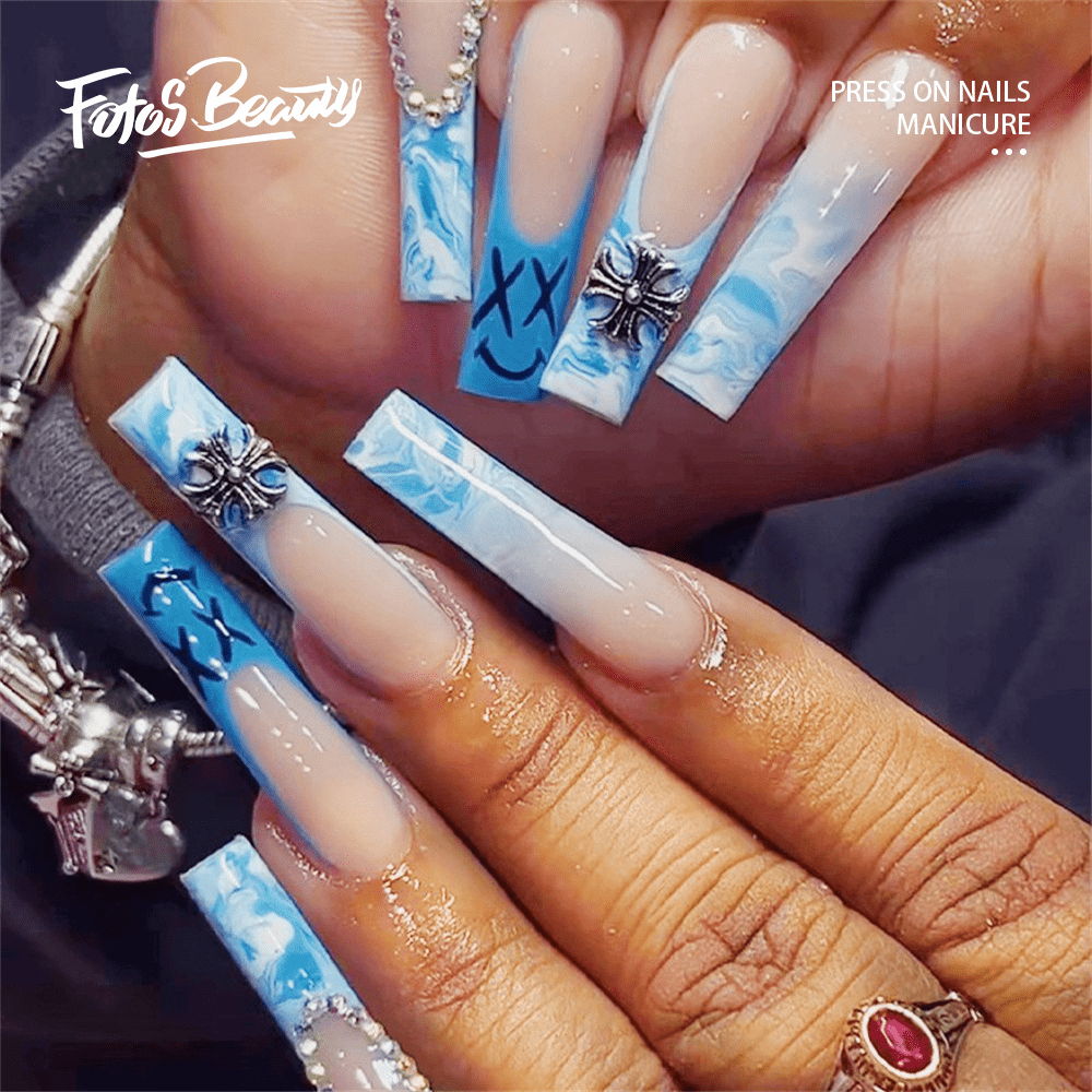 Fofosbeauty 24pcs Press on False Nails,Long Coffin Fake Nails,Blue Halo