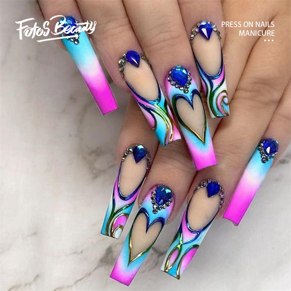 Fofosbeauty 24pcs Press on False Nails Tips, Long Coffin Fake Nails, Heart Sticker Diamond