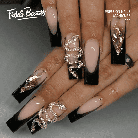 Fofosbeauty 24pcs Press on False Nails Tips, Long Coffin Fake Nails, Yellow Rhinestone Snake Diamond Jewelry