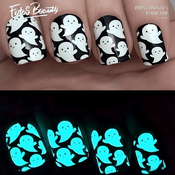 Fofosbeauty 24pcs Press on False Nails Tips, Round Fake Nails, Ghost Flourescent Black