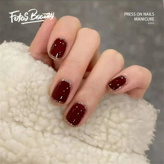 Fofosbeauty 24pcs Press on False Nails Tips, Round Fake Nails, Round Burgundy Silver Glitter