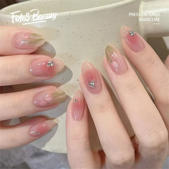 Fofosbeauty 24pcs Press on False Nails Tips, Round Fake Nails, Round Transparent Pink Diamond Tulip