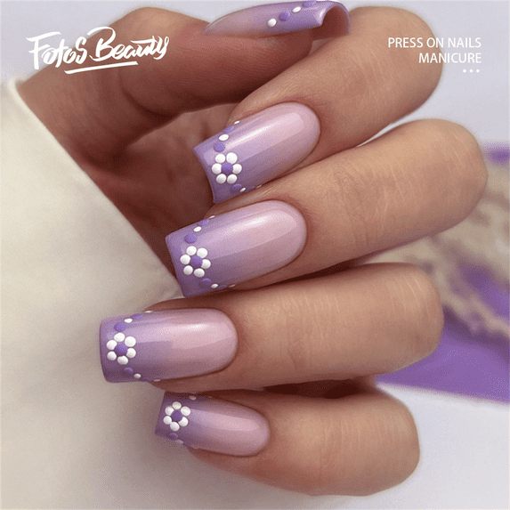 Fofosbeauty 24pcs Press on False Nails Tips, Short Coffin Fake Nails, Gradient Purple Floral Polka Dots