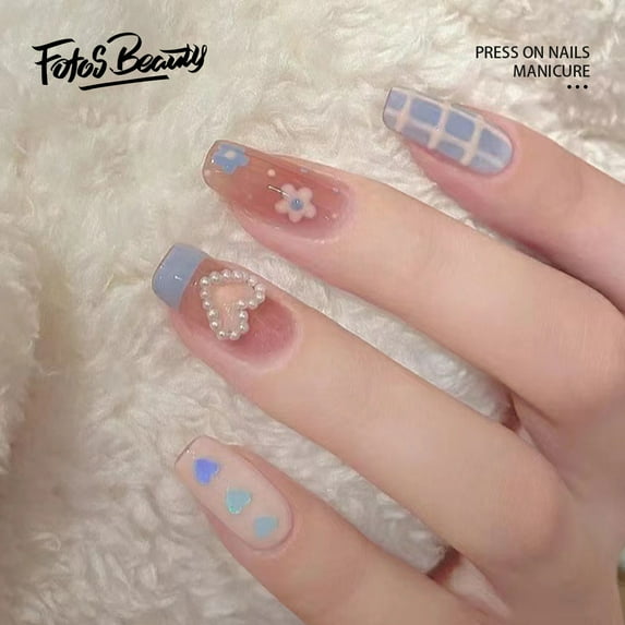 Fofosbeauty 24pcs Press on False Nails Tips, Short Coffin Fake Nails, Short Coffin Blue Gingham Flower Pearl Love Bow French