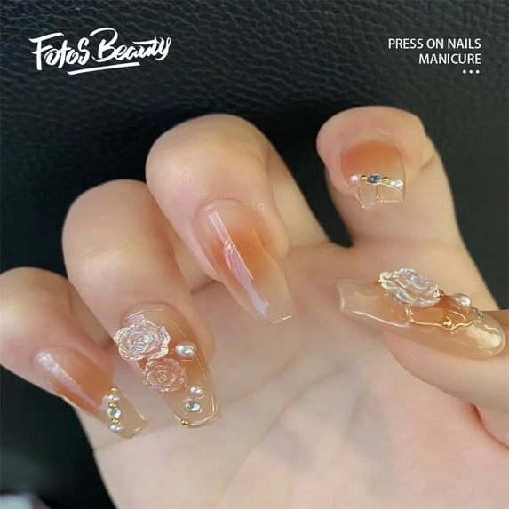 Fofosbeauty 24pcs Press on False Nails Tips, Short Coffin Fake Nails, Short Coffin Camellia Pearl Rhinestone