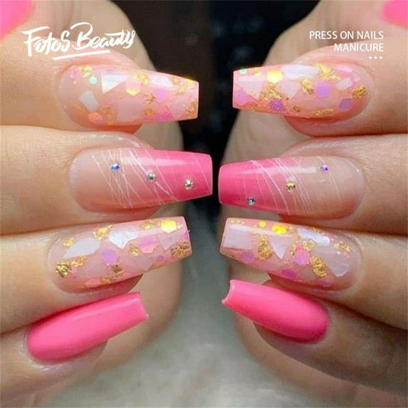 Fofosbeauty 24pcs Press on False Nails Tips, Short Coffin Fake Nails, Short coffin Shell glitter diamonds