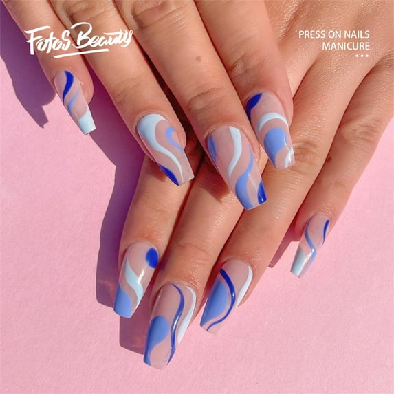 Fofosbeauty 24pcs Press on False Nails Tips, Short coffin Fake Nails, Short Coffin Blue-pink Waves