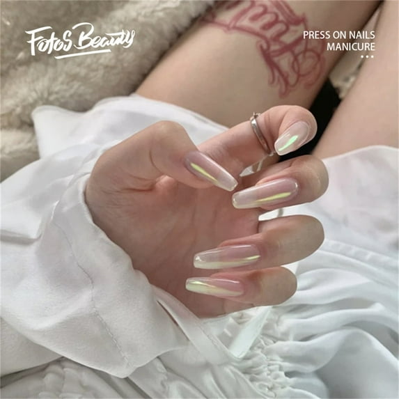 Fofosbeauty 24pcs Press on False Nails Tips, Short coffin Fake Nails, Short Coffin Pearl White