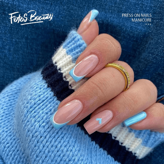 Fofosbeauty 24pcs Press on False Nails Tips, Square Fake Acrylic Nails, French Blue