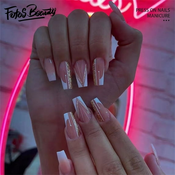 Fofosbeauty 24pcs Press on False Nails Tips, Square Fake Acrylic Nails, French Gold Powder