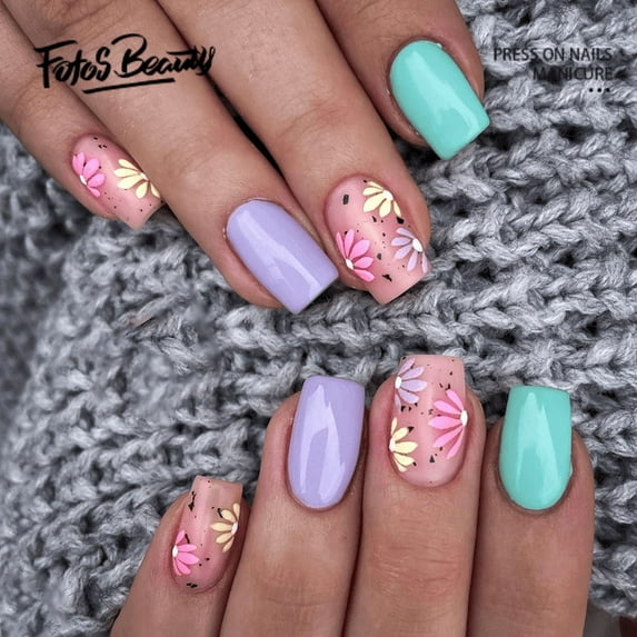 Fofosbeauty 24pcs Press on False Nails Tips, Square Fake Acrylic Nails, Fresh Summer Flower Color