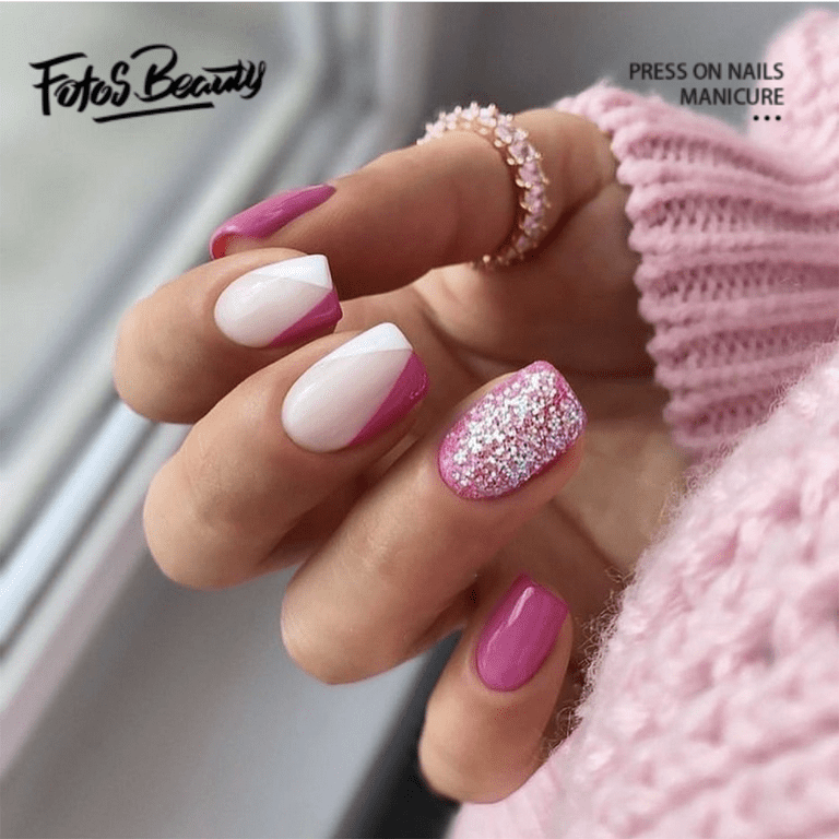 Square Short False Nail Pearl Glitter Pink Press on Nails for Nail Art