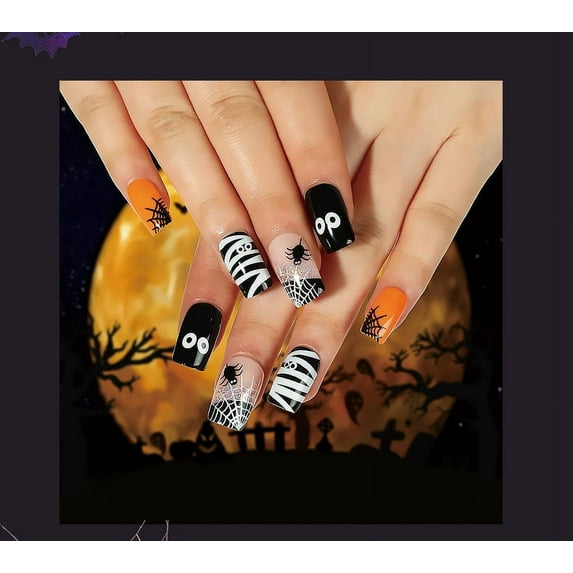 Fofosbeauty 24pcs Press on False Nails Tips, Square Fake Acrylic Nails, Spider Orange