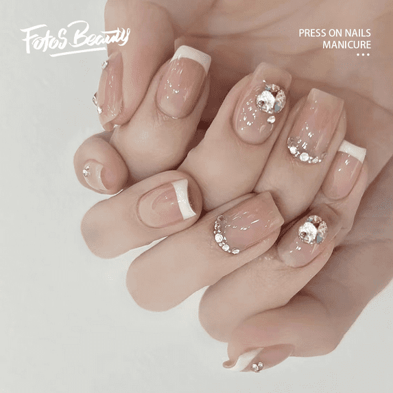 Fofosbeauty 24pcs Press on False Nails Tips, Square Fake Nails,Pile Diamond