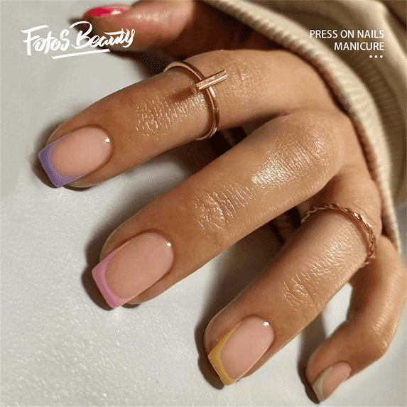 Fofosbeauty 24pcs Press on False Nails Tips, Square Fake Nails,Rainbow Five Color