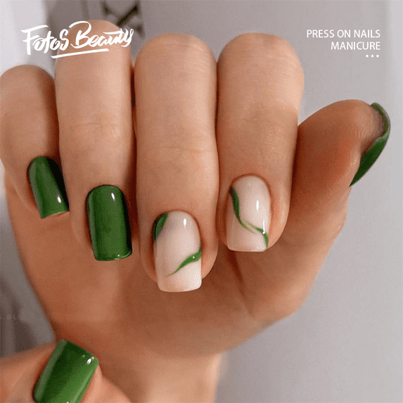 Fofosbeauty 24pcs Press on False Nails Tips, Square Fake Nails,Small Green Lines