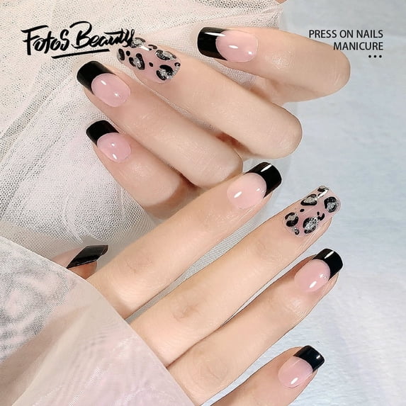 Fofosbeauty 24pcs Press on False Nails Tips, Square Fake Nails, Square Black Leopard Print