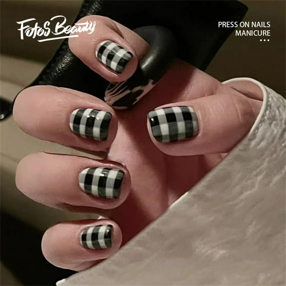 Fofosbeauty 24pcs Press on False Nails Tips, Square Fake Nails, Square Black and White Checkerboard Grid