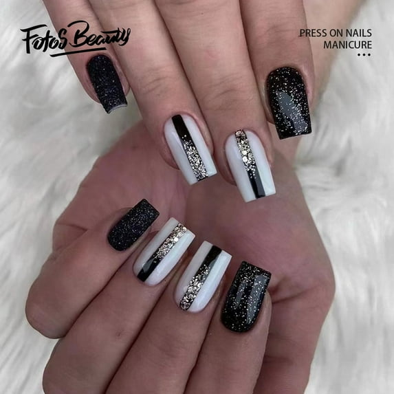 Fofosbeauty 24pcs Press on False Nails Tips, Square Fake Nails, Square Black and White Double Contrast