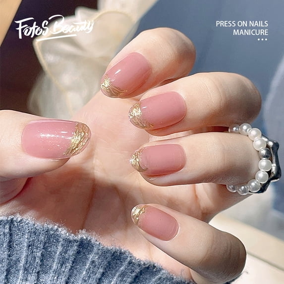 Fofosbeauty 24pcs Press on False Nails Tips, Square Fake Nails, Square Gold Intaglio Line French
