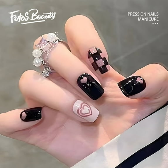 Fofosbeauty 24pcs Press on False Nails Tips, Square Fake Nails, Square Love Pink Black Checker