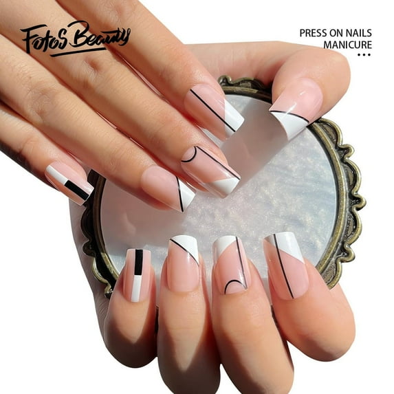 Fofosbeauty 24pcs Press on False Nails Tips, Square Fake Nails, Square White Pink French