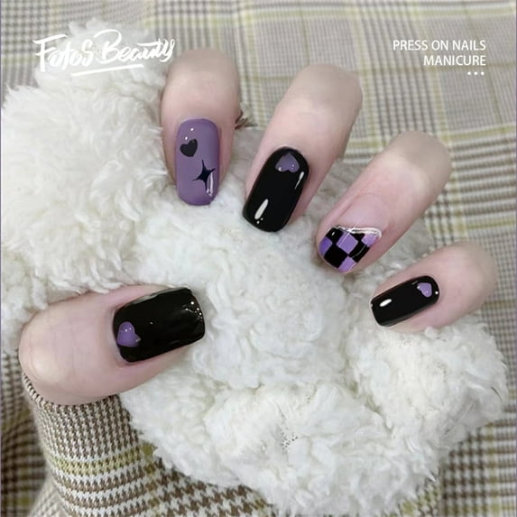 Fofosbeauty 24pcs Press on False Nails Tips,Square Fake Nails, Square Y2k Hottie Black&Purple Sweet Cool