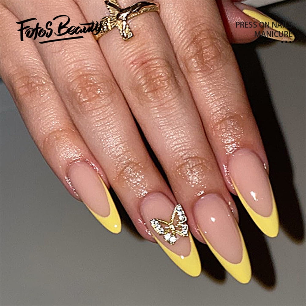 Fofosbeauty 24pcs Press on False Nails Tips Stiletto Fake Acrylic Nails French Hansa Yellow