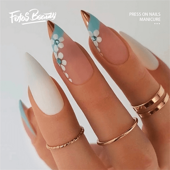 Fofosbeauty 24pcs Press on False Nails Tips, Stiletto Fake Nails, Frosted Blue Diamond Flower
