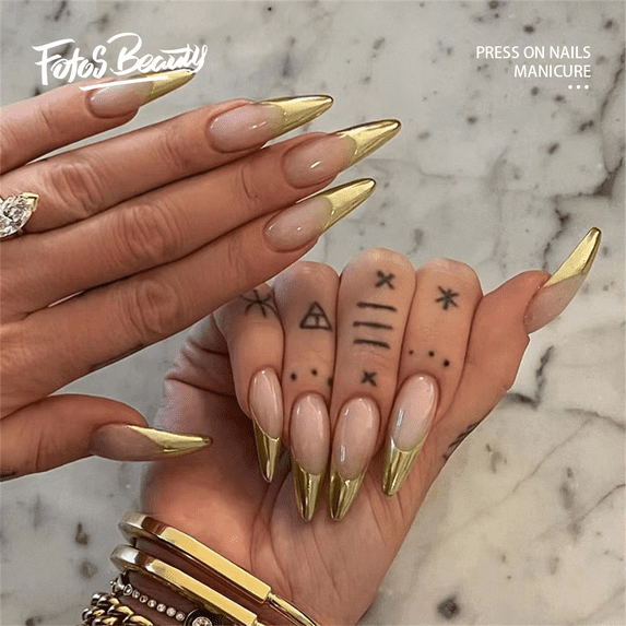 Fofosbeauty 24pcs Press on False Nails Tips, Stiletto Fake Nails,Gold Transparent