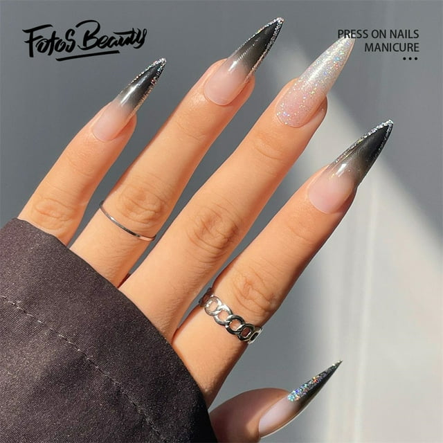 Fofosbeauty 24pcs Press On False Nails Tips Stiletto Fake Nails Gradual Sharp Bandw