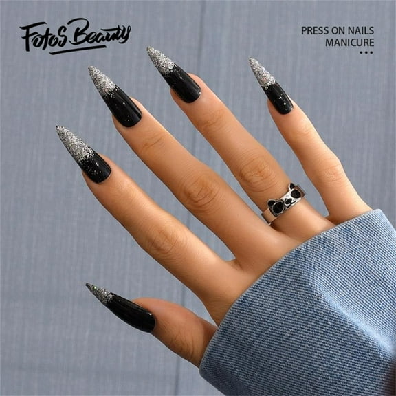 Fofosbeauty 24pcs Press on False Nails Tips, Stiletto Fake Nails, Sliver Shine In Black