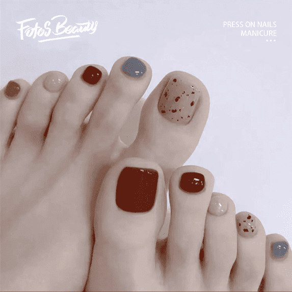 Fofosbeauty 24pcs Press on False Toe Nails Tips,Square Toe Fake Nails,Eggshell Red and Blue