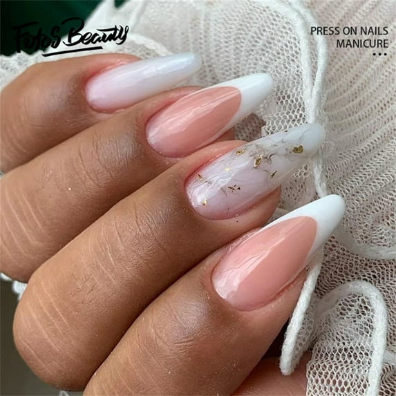 Fofosbeauty 24pcs Press on Nails, 2024 Fake Nails Almond Tips Design, French Messy Lines of Personality Pink