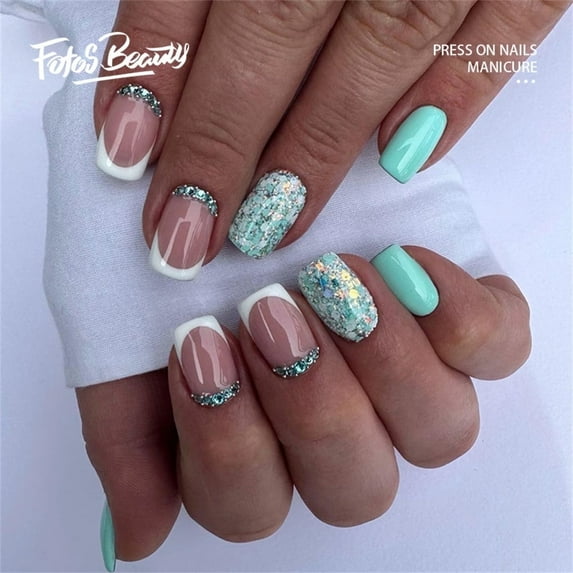 Fofosbeauty 24pcs Press on Nails, 2024 Fake Nails Coffin Tips Design,Coffin Refreshing Sensation Glittering Lake Green
