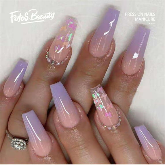 Fofosbeauty 24pcs Press on Nails, 2024 Fake Nails Long Coffin Tips Design,Bright Purple Stars