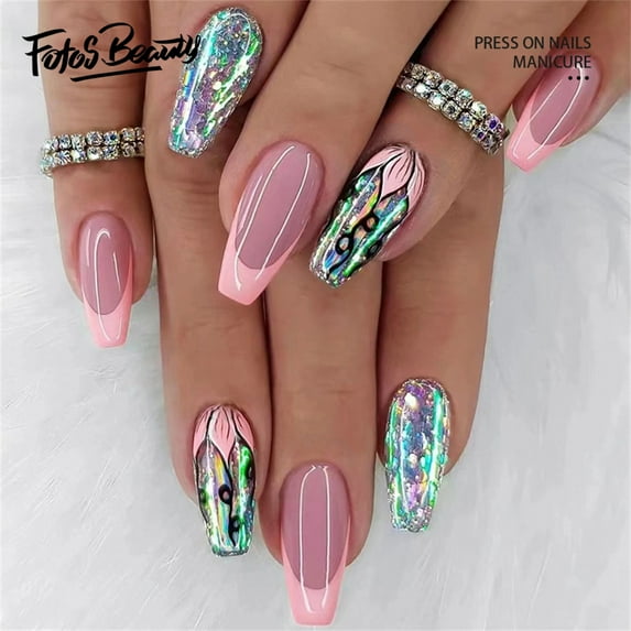 Fofosbeauty 24pcs Press on Nails, 2024 Fake Nails Short Coffin Tips Design, French Flash Flower Pink