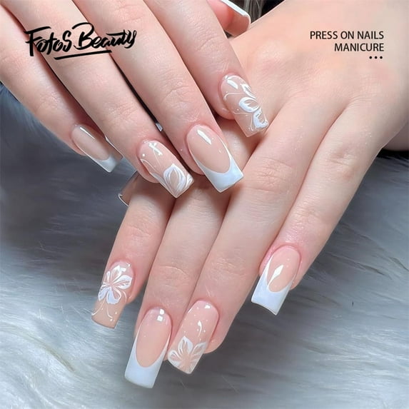 Fofosbeauty 24pcs Press on Nails, 2024 Fake Nails Short Coffin Tips Design, French Flower Pure White