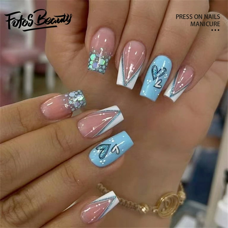 Pink Blue Lover Nails Set With Butterfly Pink Blue Lover Nails Set With Butterfly