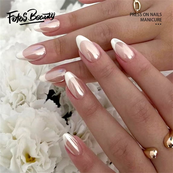 Fofosbeauty 24pcs Press on Nails, 2024 Fake Nails Tips Design,Almond Pure Lust Aurora French