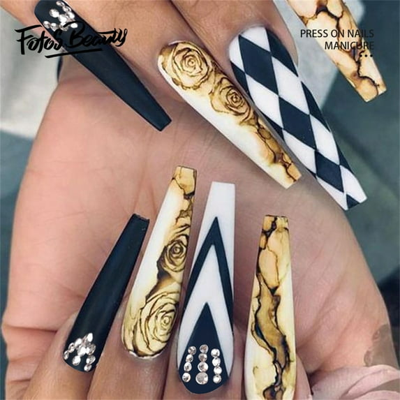 Fofosbeauty 24pcs Press on Nails, 2024 Fake Nails Tips Design,Coffin Sticking the Diamond Camellia French